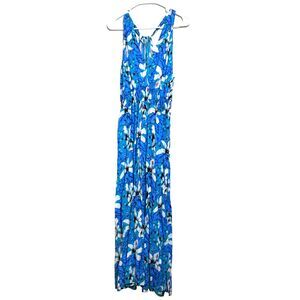 Rainbow Dress Womens Small Blue Aqua Halter AOP Flower Boho Hippie Peasant‎ Maxi